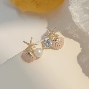 Pearl And Opal Seashell Earrings -Pink